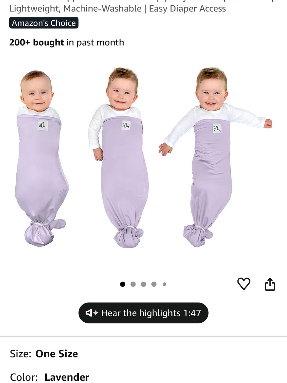 Brand new in box Ollie baby swaddle in lavender